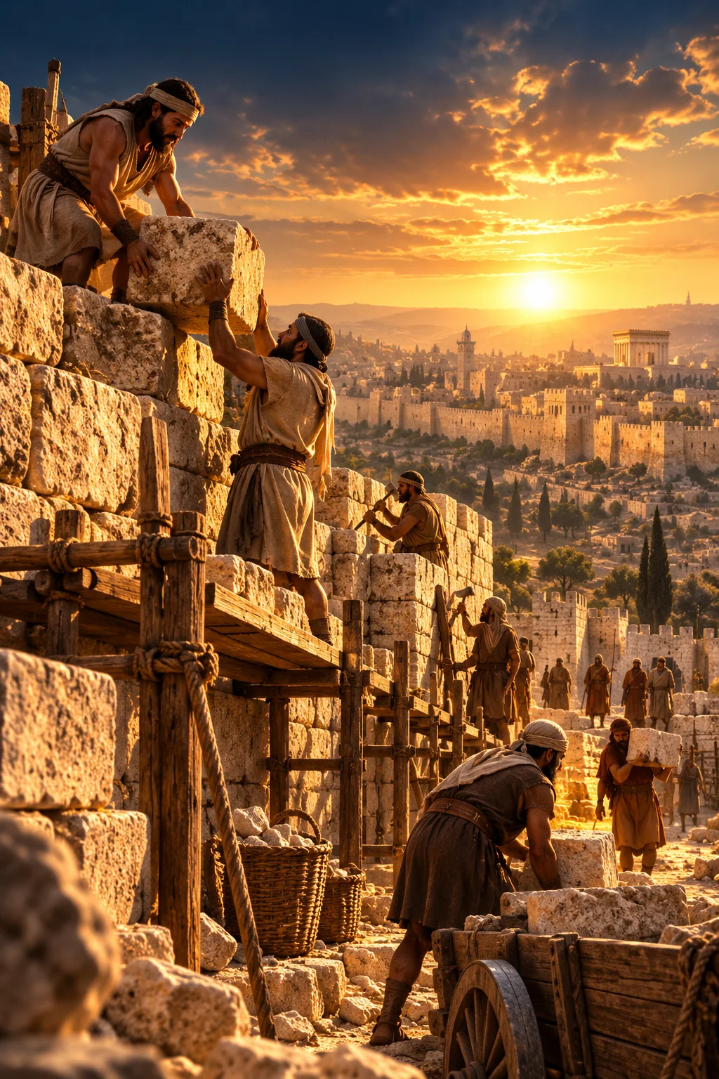 Workers rebuilding the walls of Jerusalem at sunset